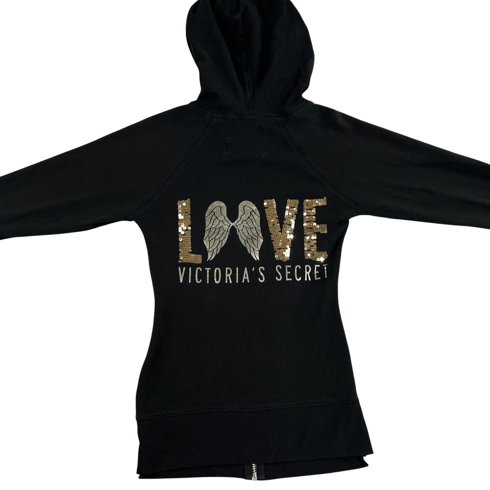 Victorias Secret Sequin Wing LOVE Full Zip Hoodie S Black Womens Y2K Fleece